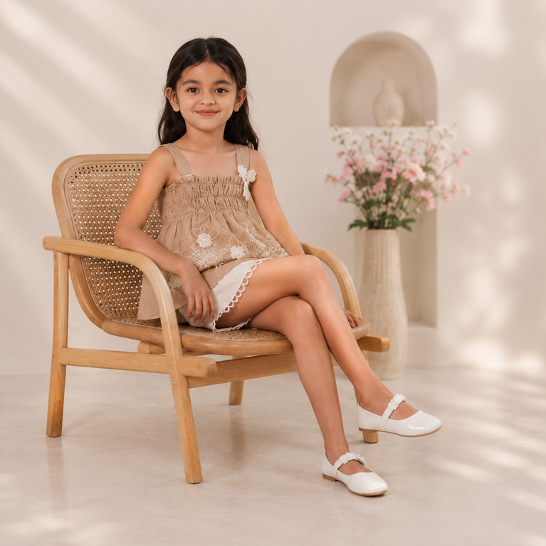 Beige Floral Embroidered Co-ord Set for Girls
