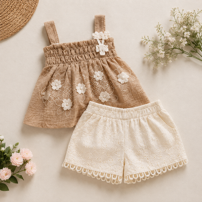 Beige Floral Embroidered Co-ord Set for Girls