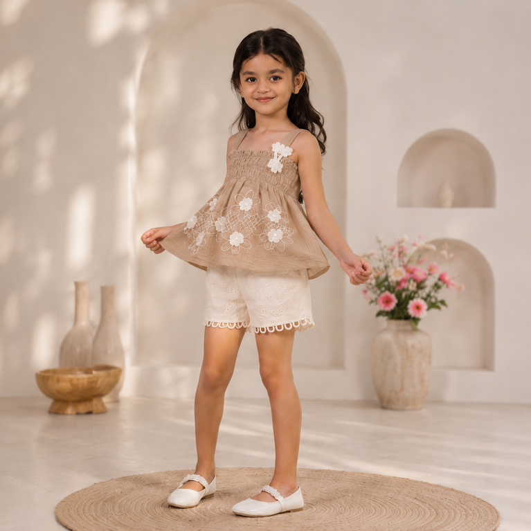Beige Floral Embroidered Co-ord Set for Girls