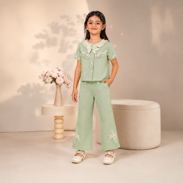 Elegant Sage Green Floral Co-ord Set for Girls