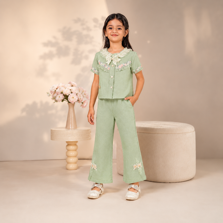 Elegant Sage Green Floral Co-ord Set for Girls