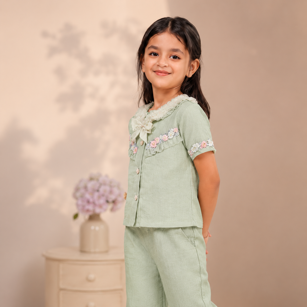 Elegant Sage Green Floral Co-ord Set for Girls