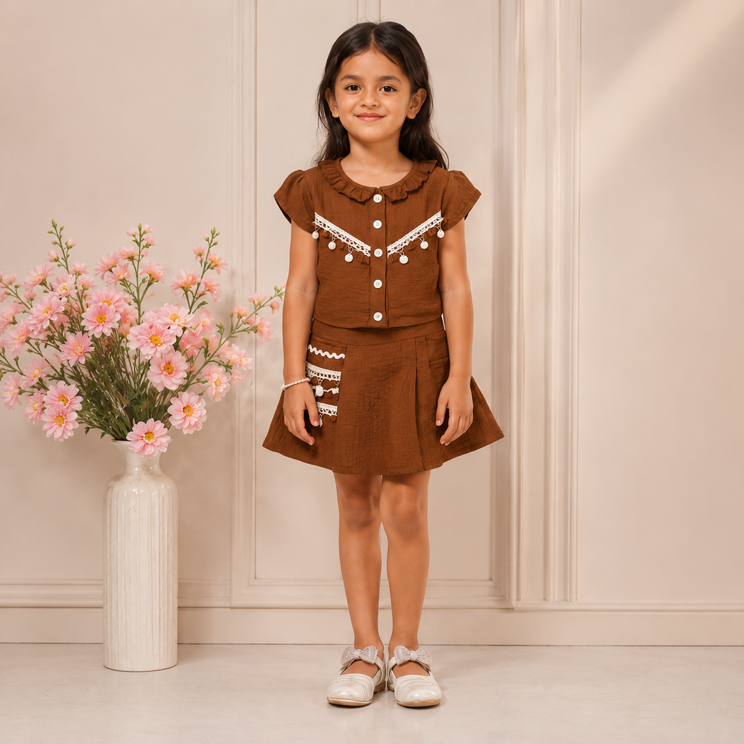 Rustic Brown Skirt Co-ord Set for Girls