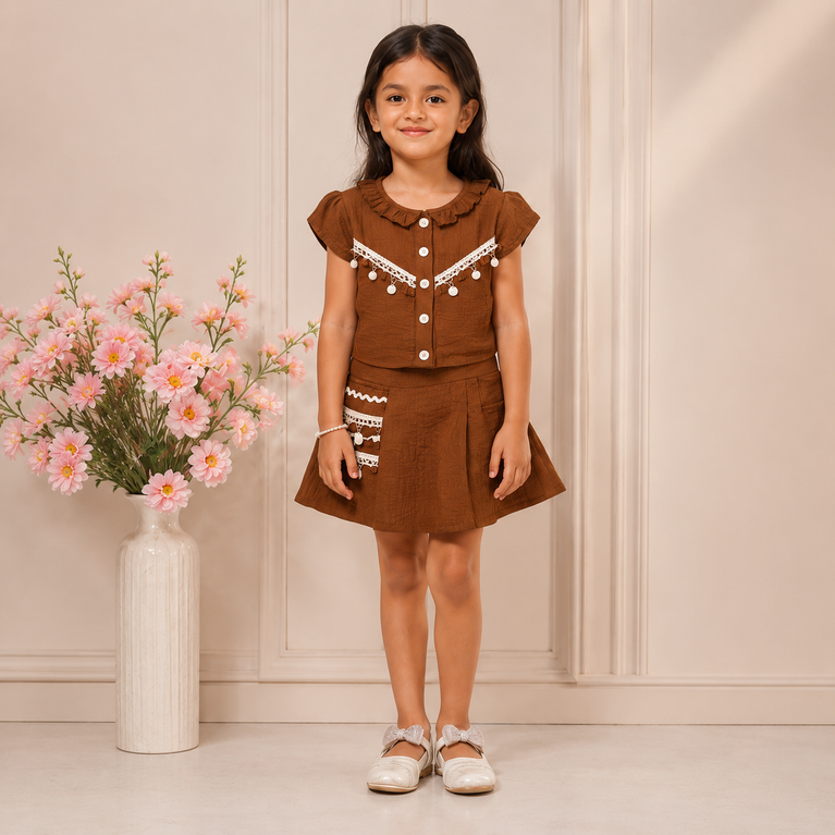 Rustic Brown Skirt Co-ord Set for Girls