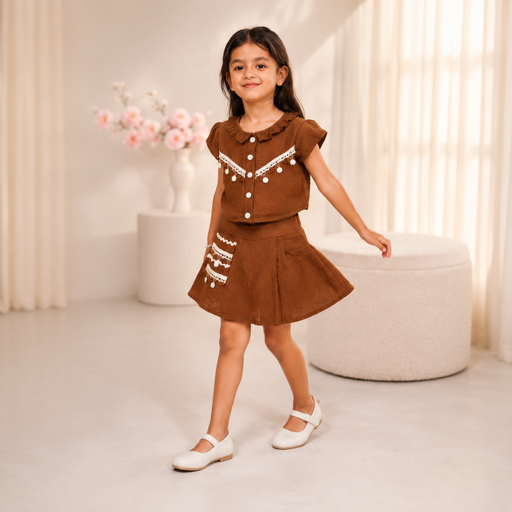 Rustic Brown Skirt Co-ord Set for Girls