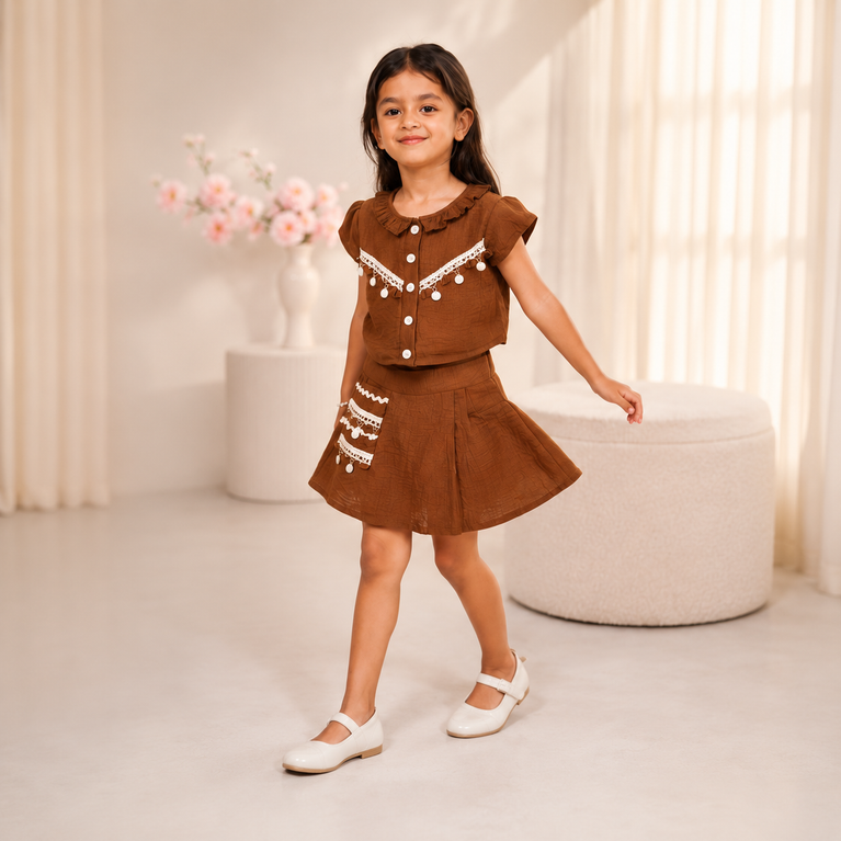 Rustic Brown Skirt Co-ord Set for Girls