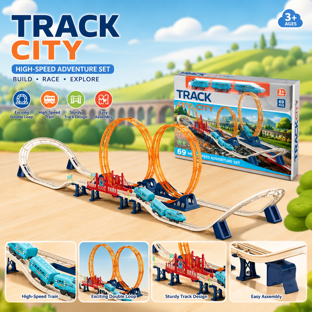High-Speed Loop Train Track Set for Kids | Electric Rail Car Toy with Double Loop Track & Bridge | DIY Battery Operated Train Playset
