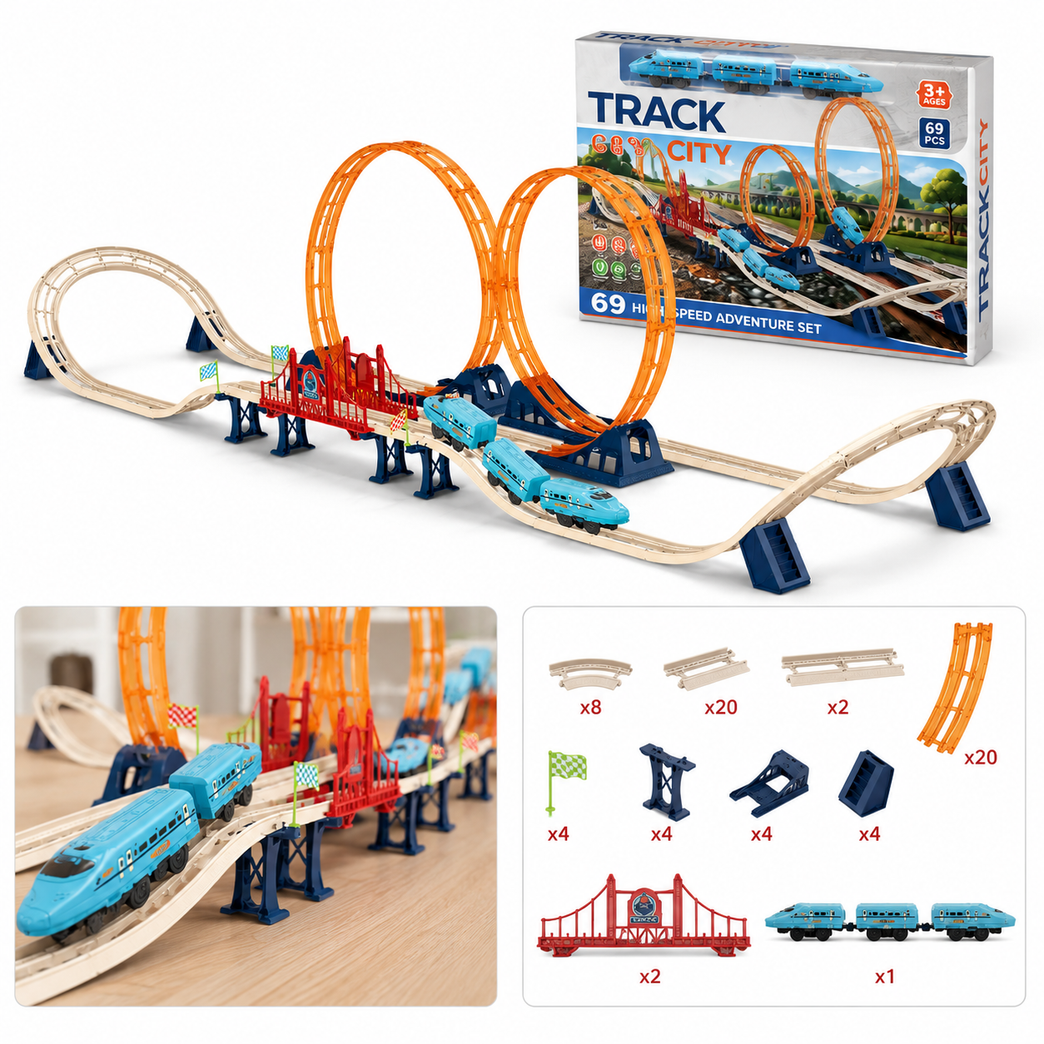 High-Speed Loop Train Track Set for Kids | Electric Rail Car Toy with Double Loop Track & Bridge | DIY Battery Operated Train Playset