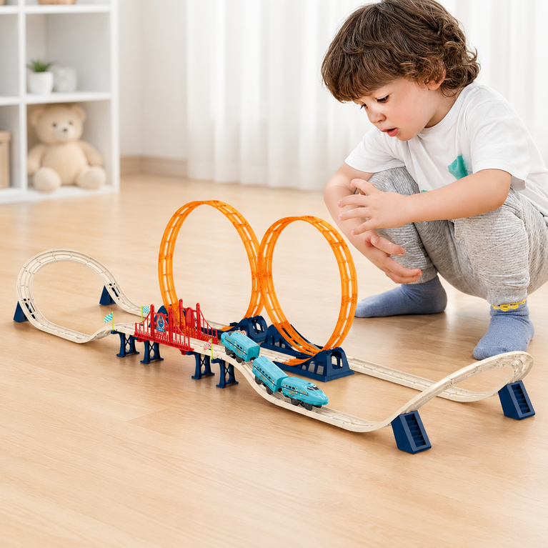High-Speed Loop Train Track Set for Kids | Electric Rail Car Toy with Double Loop Track & Bridge | DIY Battery Operated Train Playset