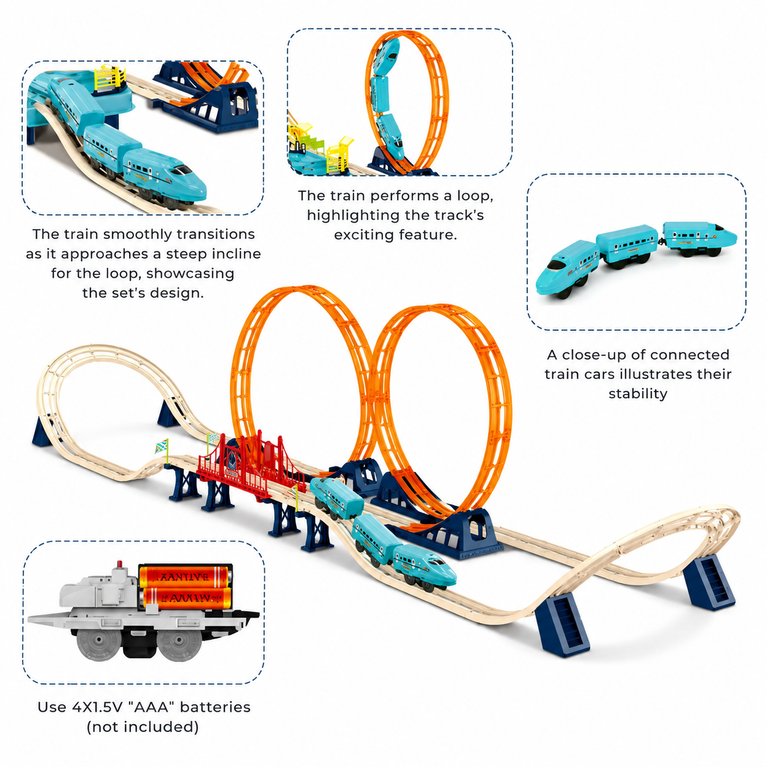 High-Speed Loop Train Track Set for Kids | Electric Rail Car Toy with Double Loop Track & Bridge | DIY Battery Operated Train Playset