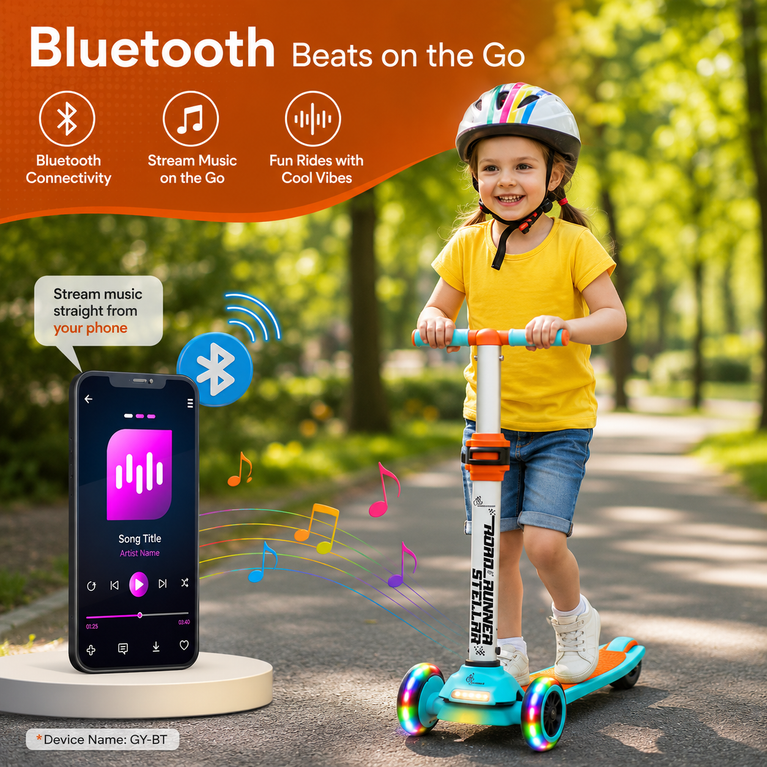 R for Rabbit Road Runner Stellar Kids Scooter with Bluetooth Music & Lights 3 Level Height Adjustable LED PU Wheels Kick Scooter