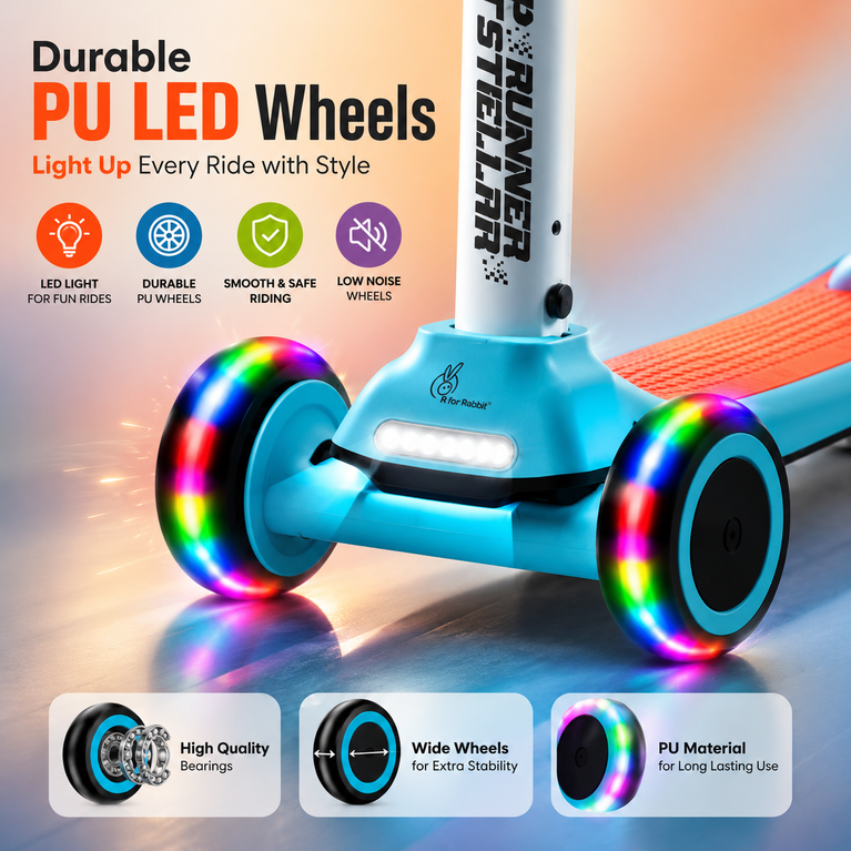 R for Rabbit Road Runner Stellar Kids Scooter with Bluetooth Music & Lights 3 Level Height Adjustable LED PU Wheels Kick Scooter