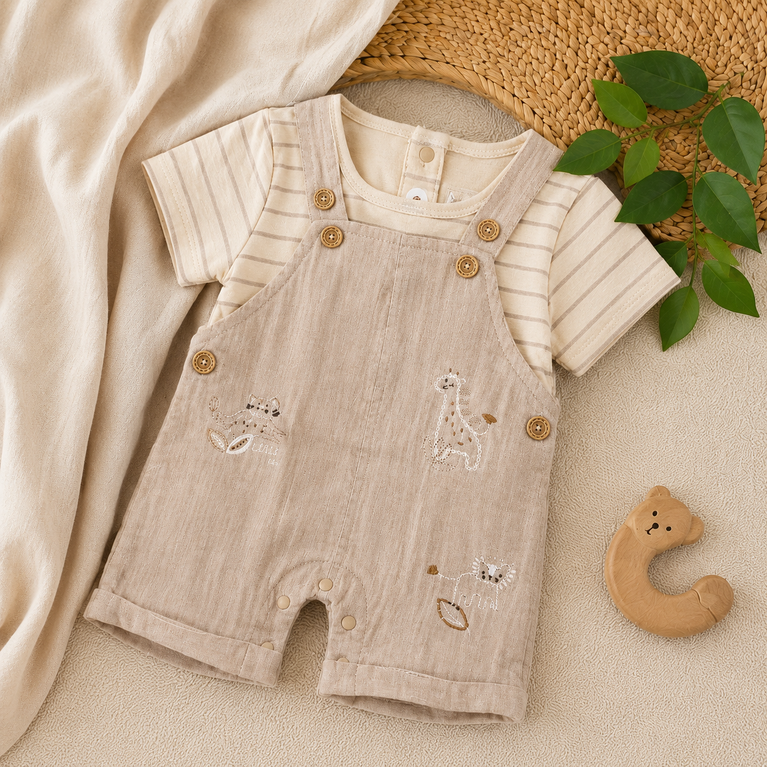 Safari Friends Newborn Dungaree Romper Set | Soft Cotton Baby Outfit with Striped Tee | Beige Baby Summer Wear for Boys & Girls