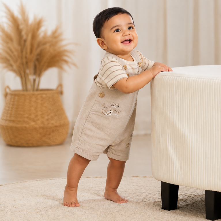 Safari Friends Newborn Dungaree Romper Set | Soft Cotton Baby Outfit with Striped Tee | Beige Baby Summer Wear for Boys & Girls