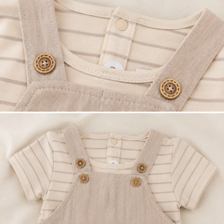 Safari Friends Newborn Dungaree Romper Set | Soft Cotton Baby Outfit with Striped Tee | Beige Baby Summer Wear for Boys & Girls