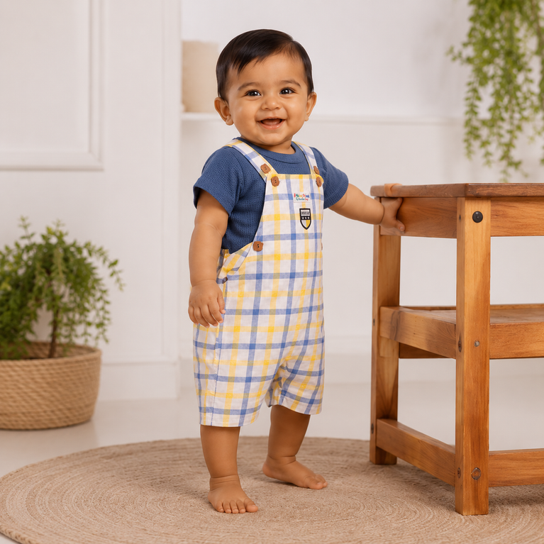 Blue & Yellow Checked Baby Dungaree Romper Set with Textured Tee | Soft Cotton Summer Outfit for Boys