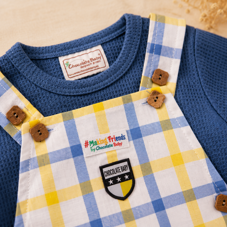 Blue & Yellow Checked Baby Dungaree Romper Set with Textured Tee | Soft Cotton Summer Outfit for Boys