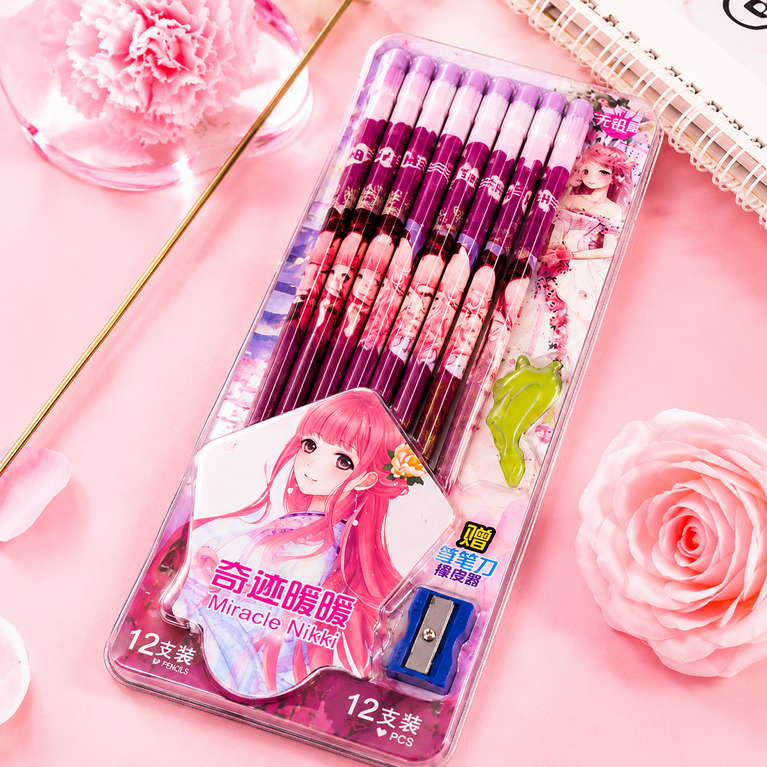 Miracle Nikki Anime Pencil Set for Kids – Pack of 12 Cute Cartoon Pencils with Sharpener & Eraser | Kawaii Stationery Gift Set for Girls | School Supplies Kit