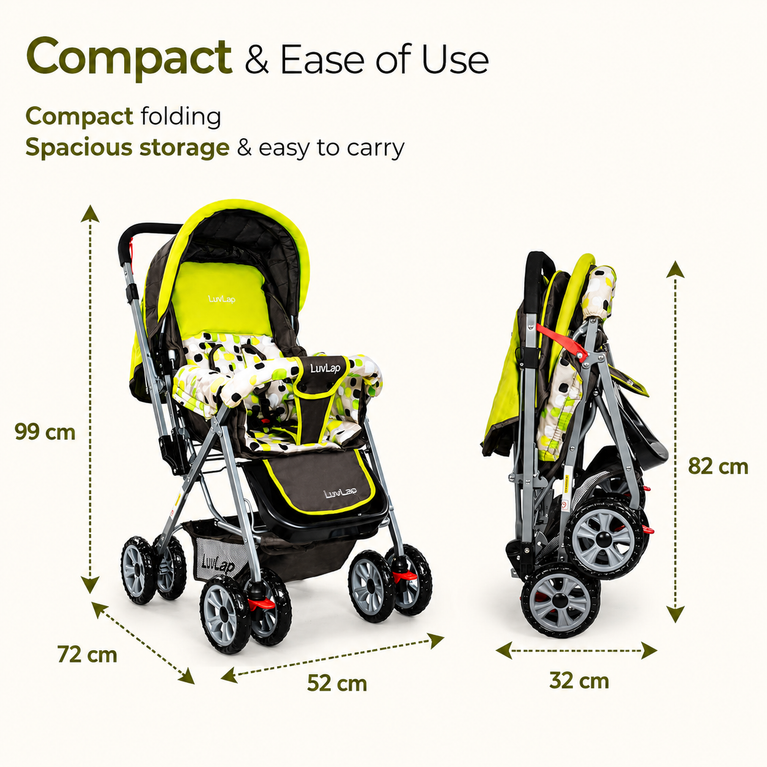 Baby Stroller for Kids with Reversible Handle & 5-Point Safety Harness – Foldable Lightweight Pram with Storage Basket | LuvLap Style