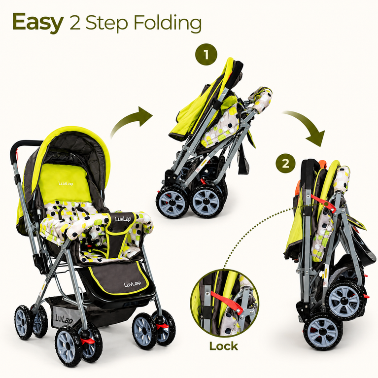 Baby Stroller for Kids with Reversible Handle & 5-Point Safety Harness – Foldable Lightweight Pram with Storage Basket | LuvLap Style