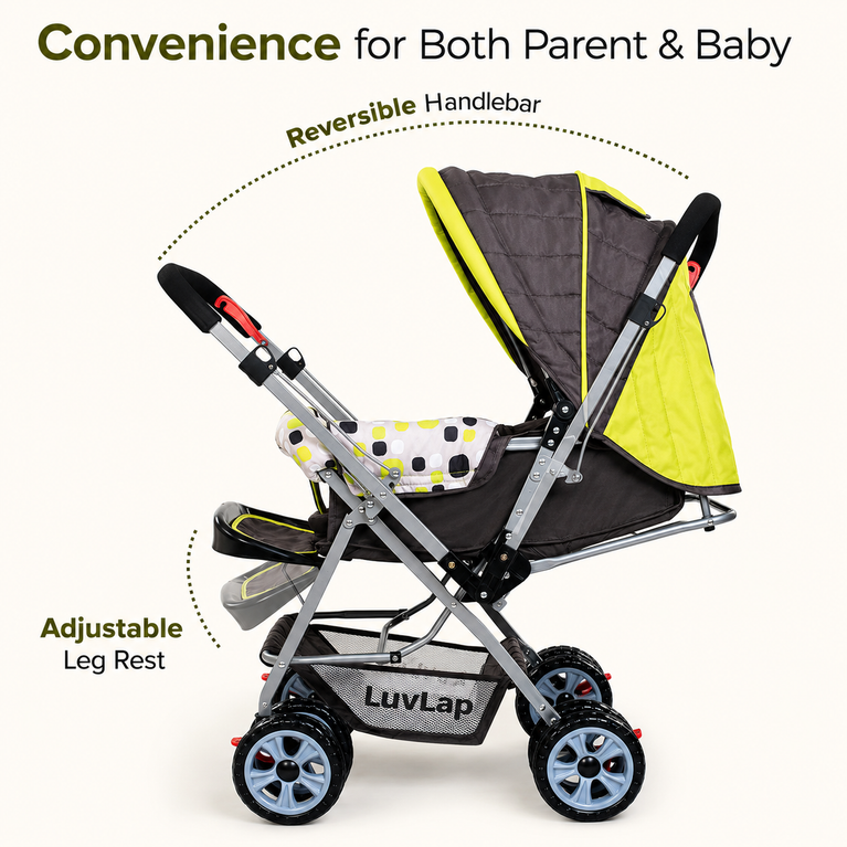 Baby Stroller for Kids with Reversible Handle & 5-Point Safety Harness – Foldable Lightweight Pram with Storage Basket | LuvLap Style