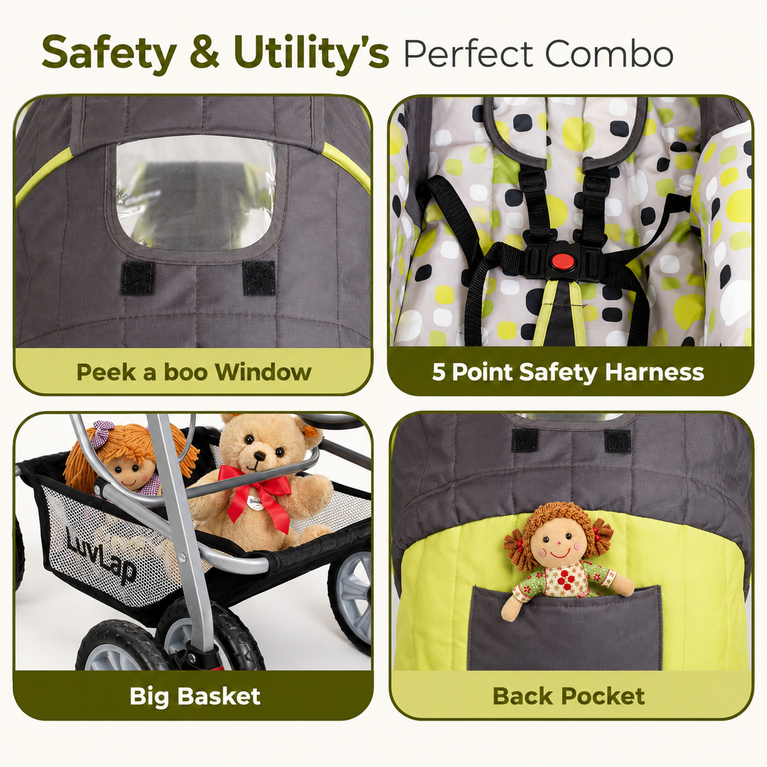 Baby Stroller for Kids with Reversible Handle & 5-Point Safety Harness – Foldable Lightweight Pram with Storage Basket | LuvLap Style