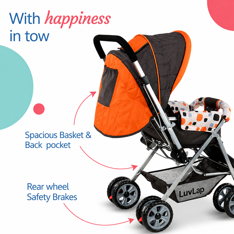 Baby Stroller for Kids with Reversible Handle & 5-Point Safety Harness – Foldable Lightweight Pram with Storage Basket | LuvLap Style
