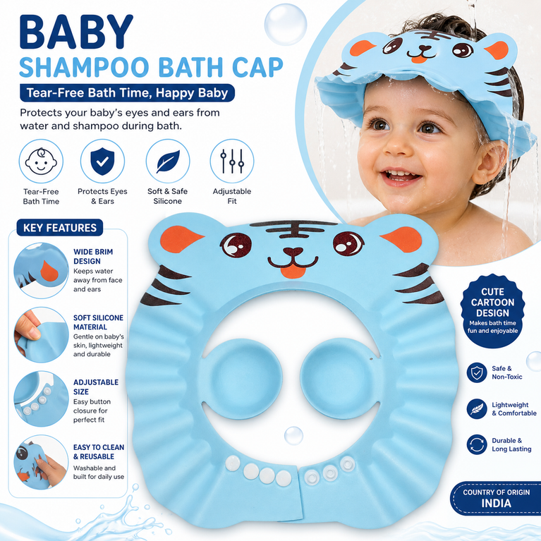 Baby Shampoo Bath Cap – Adjustable Soft Silicone Bathing Shower Cap for Kids (Cartoon Design)