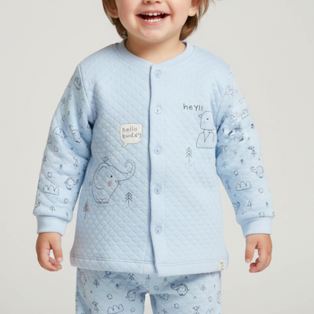 Baby Boys' Quilted Winter Pajama Set – Soft Knit, Full Sleeves, Animal Print, 2-Piece Set.