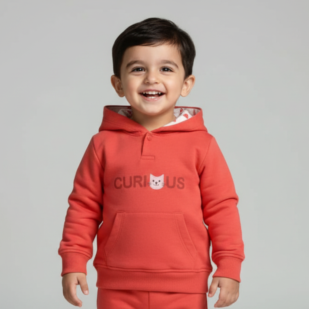 Doreme- Cotton Knit Full Sleeves Baby Apex Hoodie Co-Ord Set With Text Print