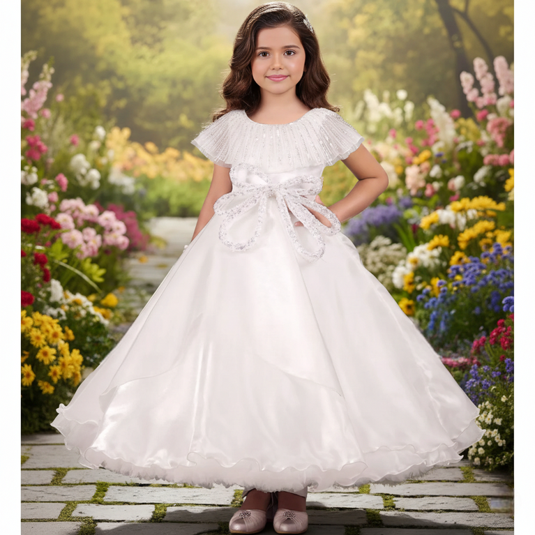 White Beads and Sequins work Kaftan Styled Long Party Frock for Girls