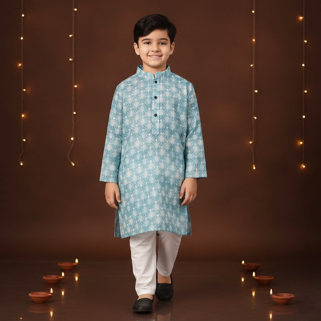 Ninos-Mandarin Collar Geometric Texture Printed Full Sleeves Regular Kurta Pajama Set