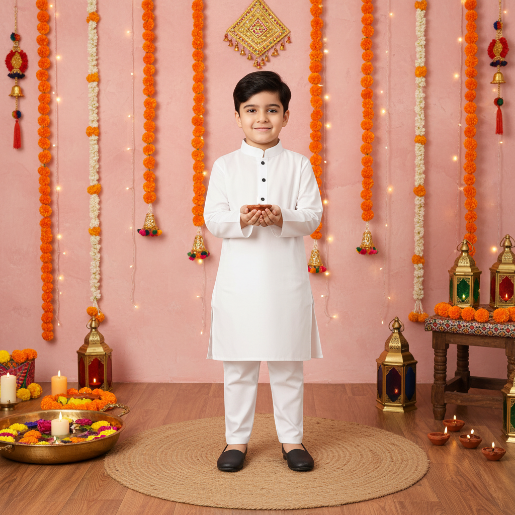 Colors Junior- Mandarin Collar Plain White Full Sleeves Regular Kurta Pajama Set
