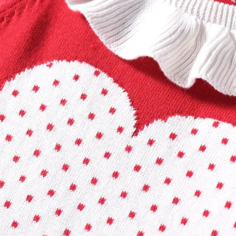 ToffyHouse Cotton Knit Full Sleeves Winter Sweater Dress With Heart Patch & Stockings - Red & White