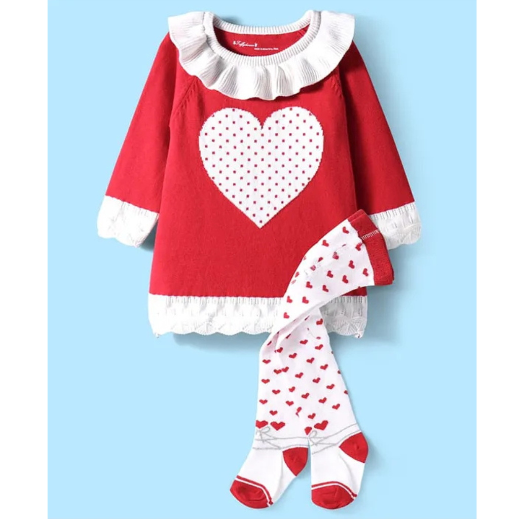 ToffyHouse Cotton Knit Full Sleeves Winter Sweater Dress With Heart Patch & Stockings - Red & White