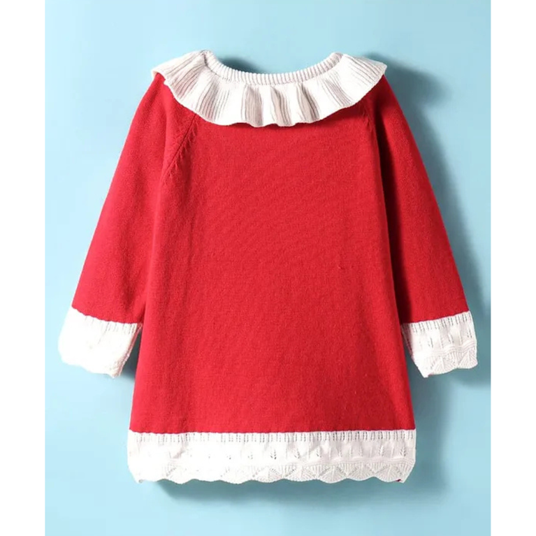 ToffyHouse Cotton Knit Full Sleeves Winter Sweater Dress With Heart Patch & Stockings - Red & White