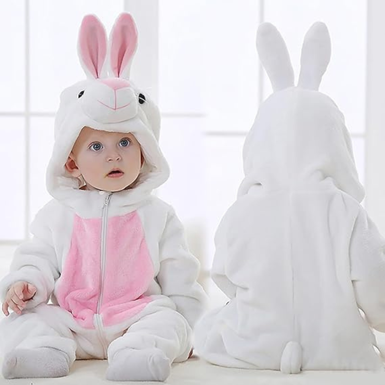 Michley- Unisex Baby Winter Hooded Romper Flannel Rabbit Style Stitch Animal Long Sleeves Zip Cosplay Dress