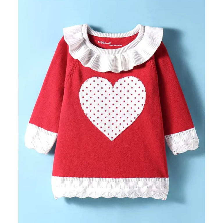 ToffyHouse Cotton Knit Full Sleeves Winter Sweater Dress With Heart Patch & Stockings - Red & White