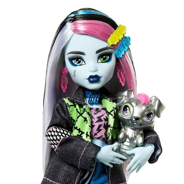 Monster High Frankie Stein Doll in Denim Jacket and Shorts, Includes Pet Dog Watzie and Accessories Like a Backpack, Snack and Notebook