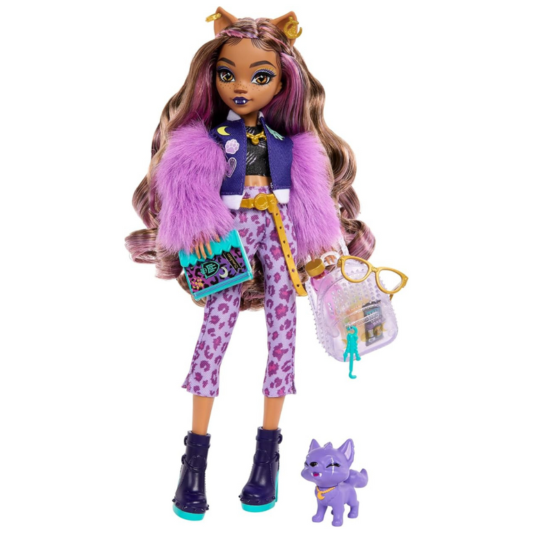 Monster High Clawdeen Wolf Doll with Pet Dog Crescent & Accessories Like Backpack, Planner, Snacks & More