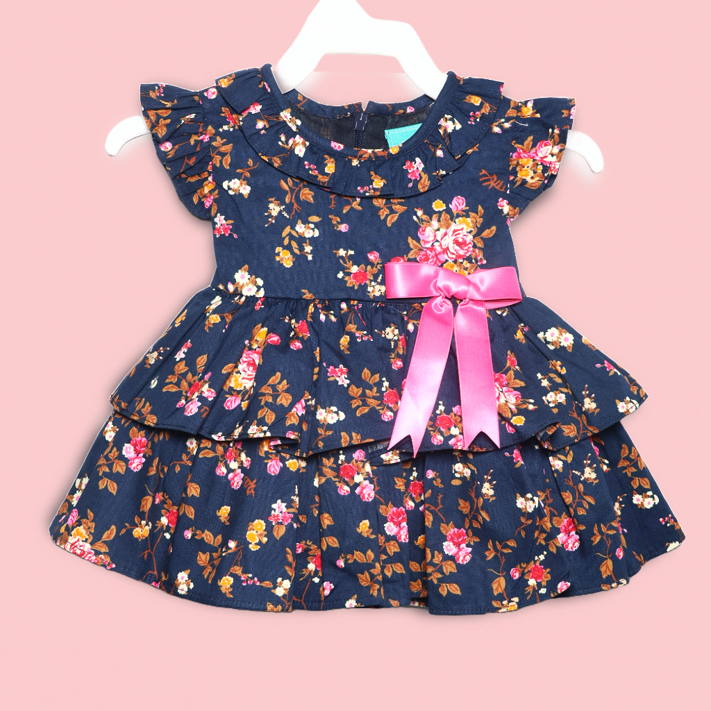 Ninos- Cotton Woven Half Puffed Sleeves Frock with Floral Print & Bow Applique