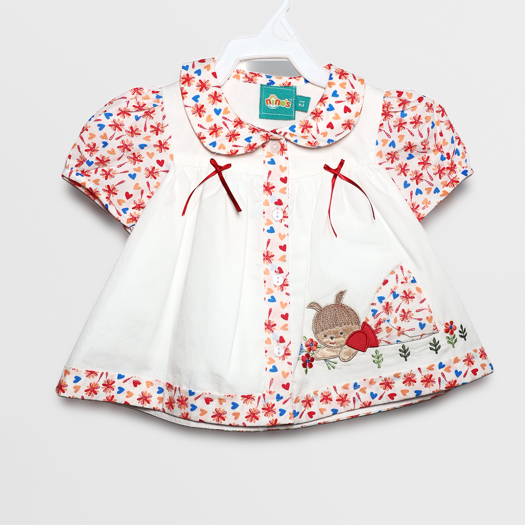Ninos- Cotton Woven Half Puffed Sleeves Frock with Floral Print & Cartoon Applique