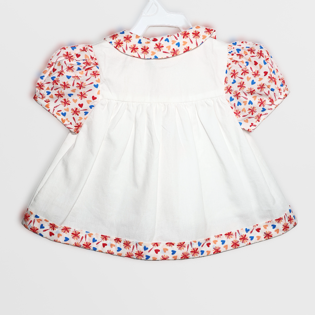 Ninos- Cotton Woven Half Puffed Sleeves Frock with Floral Print & Cartoon Applique