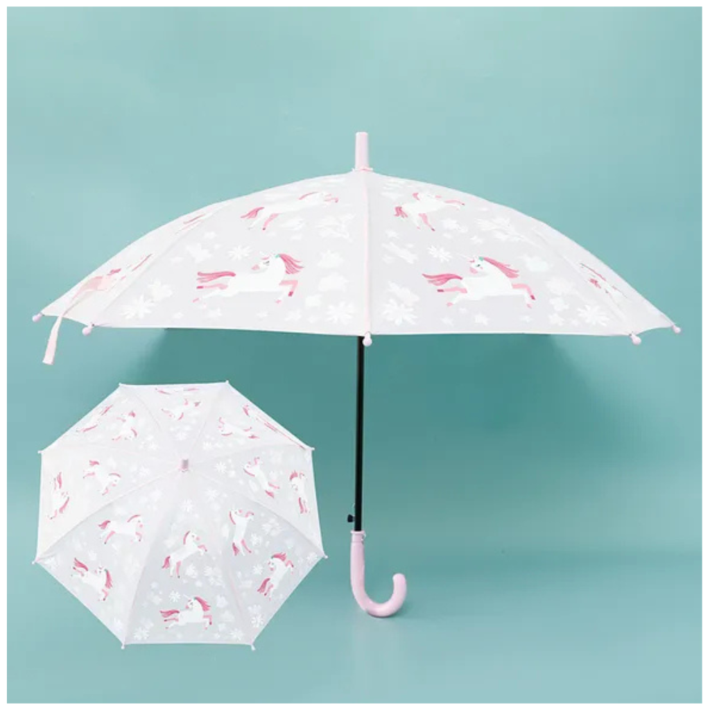 Ninos- Magical Unicorn Kids Umbrella – Pastel Pink with Floral & Pony Print (Ages 3–8)