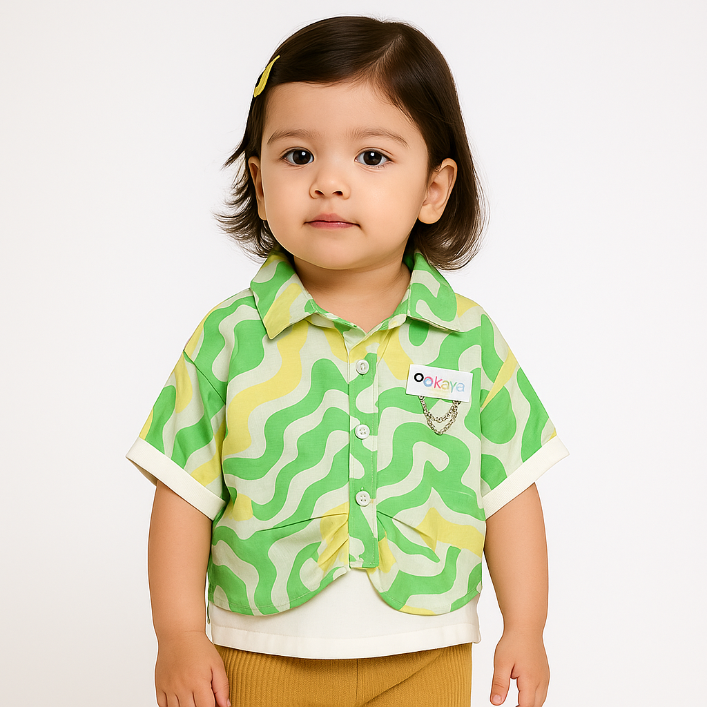 Nicky Kids - Wavy Print Half Sleeve Shirt for Girls – Green & Yellow