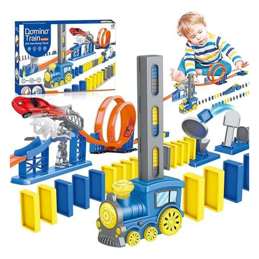 120 Pcs Domino Train Racing Theme, Domino Blocks 360° Race Circuit