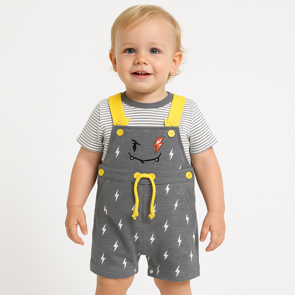 Chocolate Baby-Cotton Knit Dungaree & Half Sleeves T-Shirt With Thunder Print