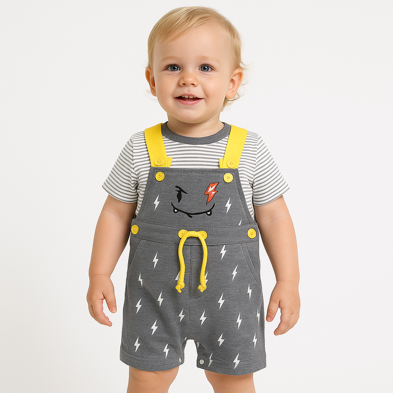 Chocolate Baby-Cotton Knit Dungaree & Half Sleeves T-Shirt With Thunder Print