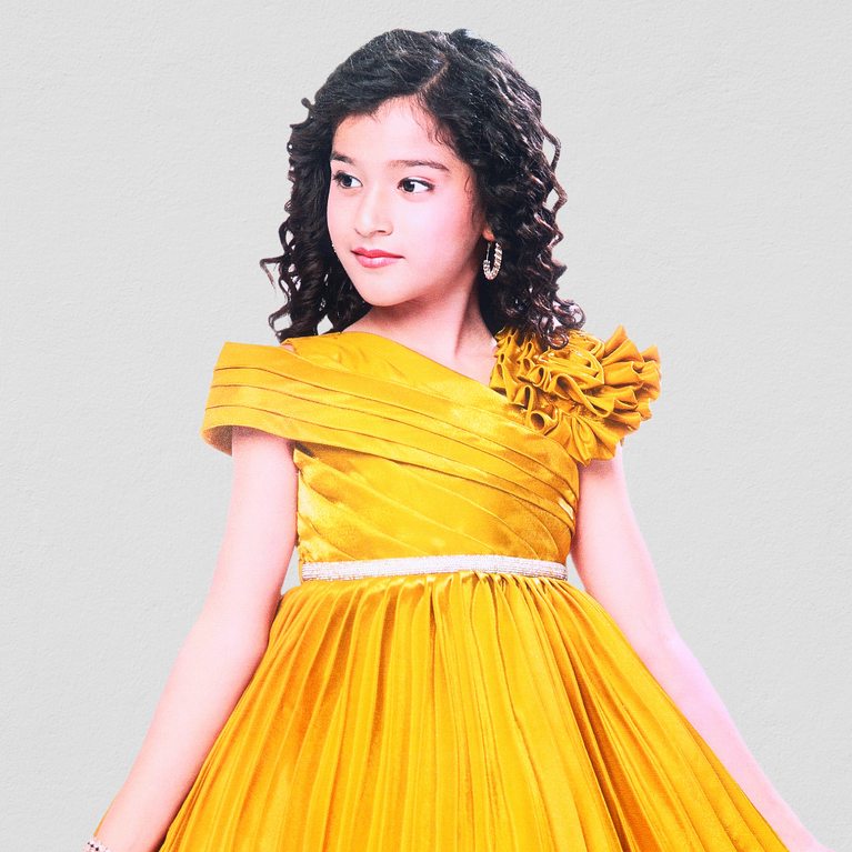 Panicky-Golden Embellished With Floral And Stripe design Party Frock For Girls