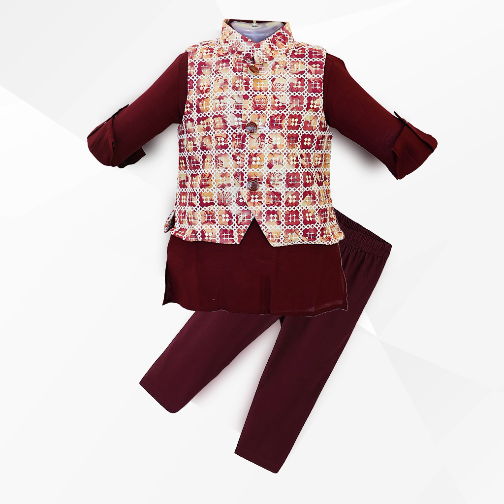 Boys Full Sleeves Kurta & Pajama Set with Waist Coat